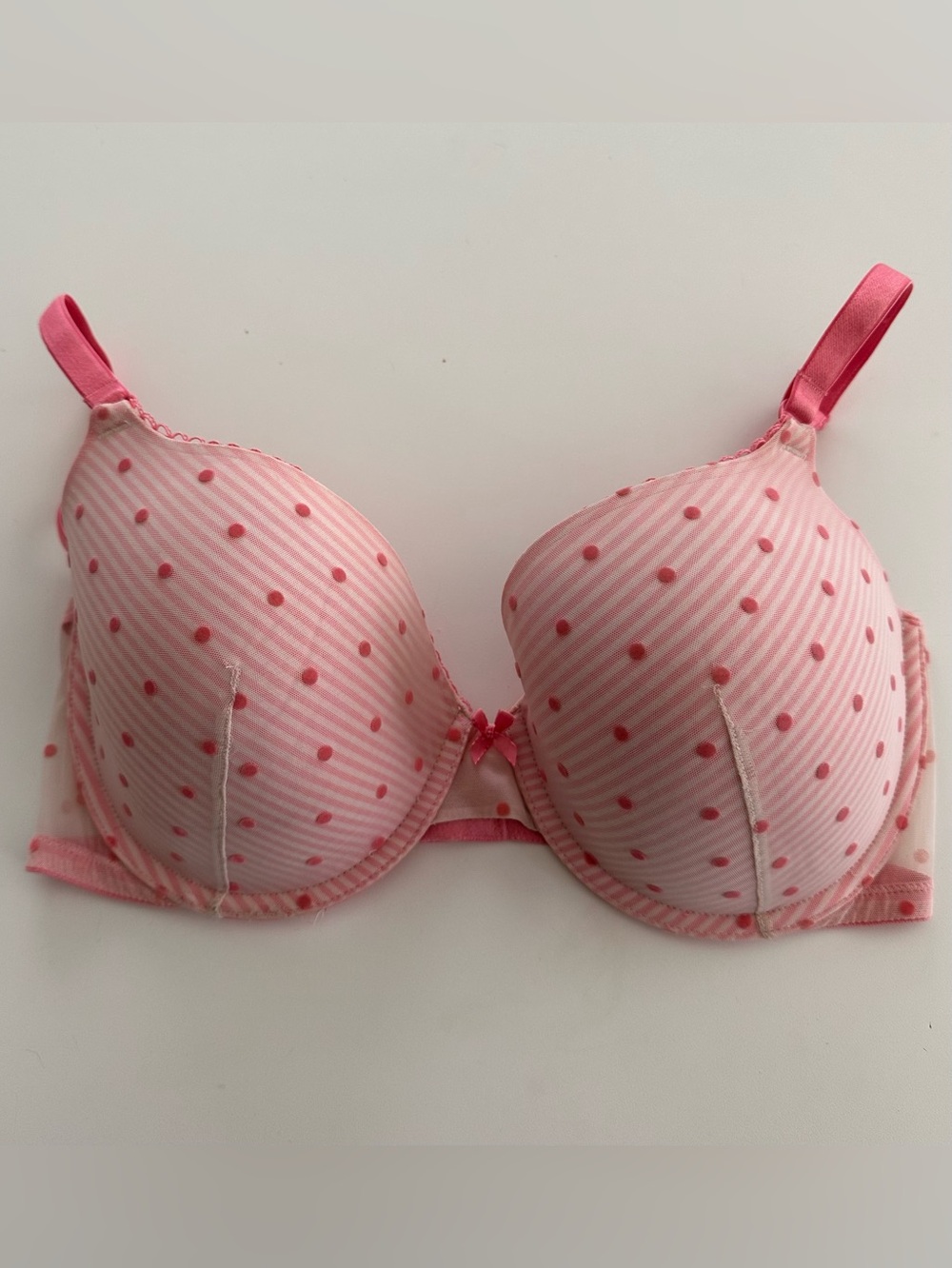 Victoria’s Secret Lined Demi Bra 36DD Pink Polka Dot Striped Cute Feminine